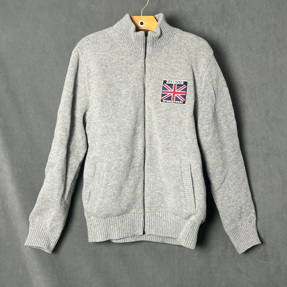 Barbour International Zip Grey Knit Sweater Size XL Full Zip Jacket Logo 100% LW